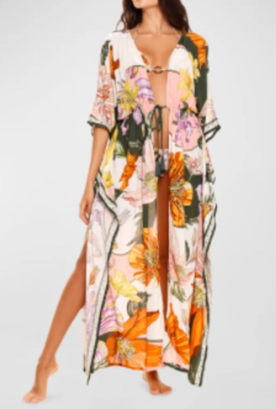 Aqua Benita Sam Vitreo Kimono Coverup Tunic Floral Front Self Tie One Size